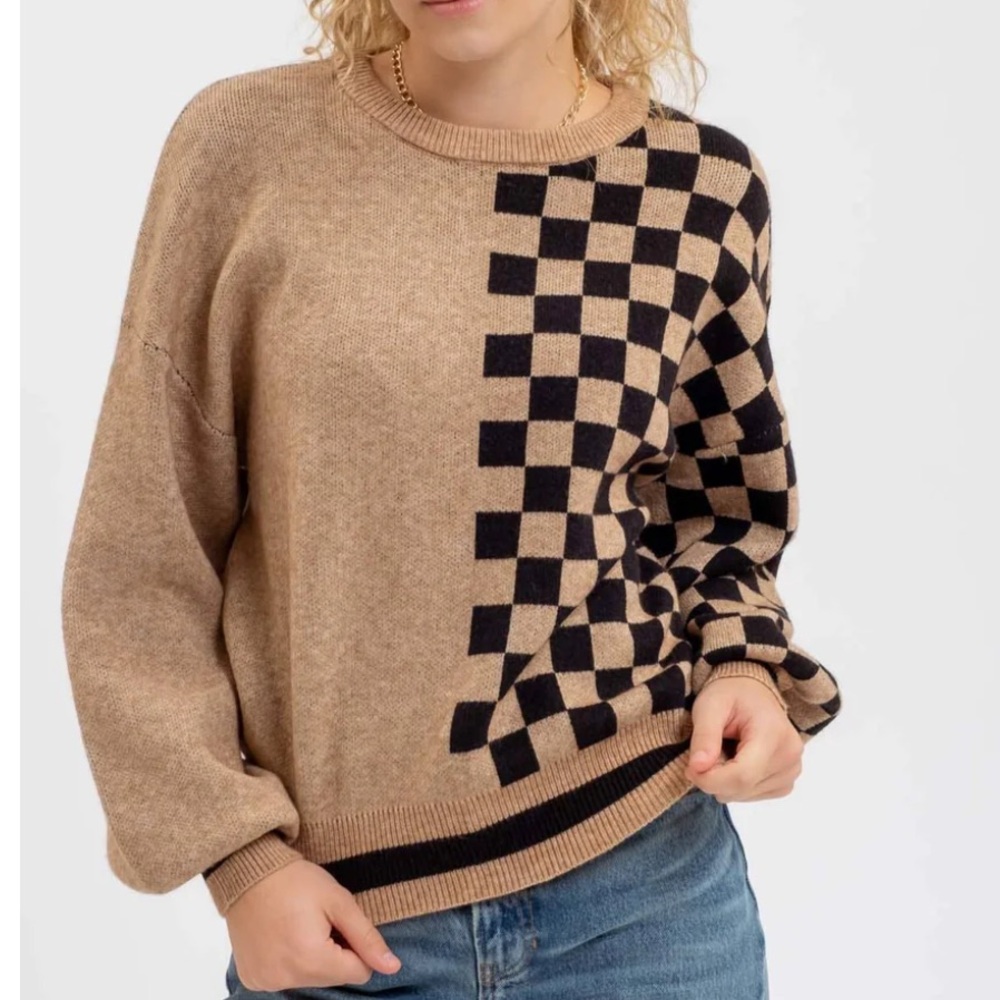 Blu Pepper Tan and Black Checkered Sweater